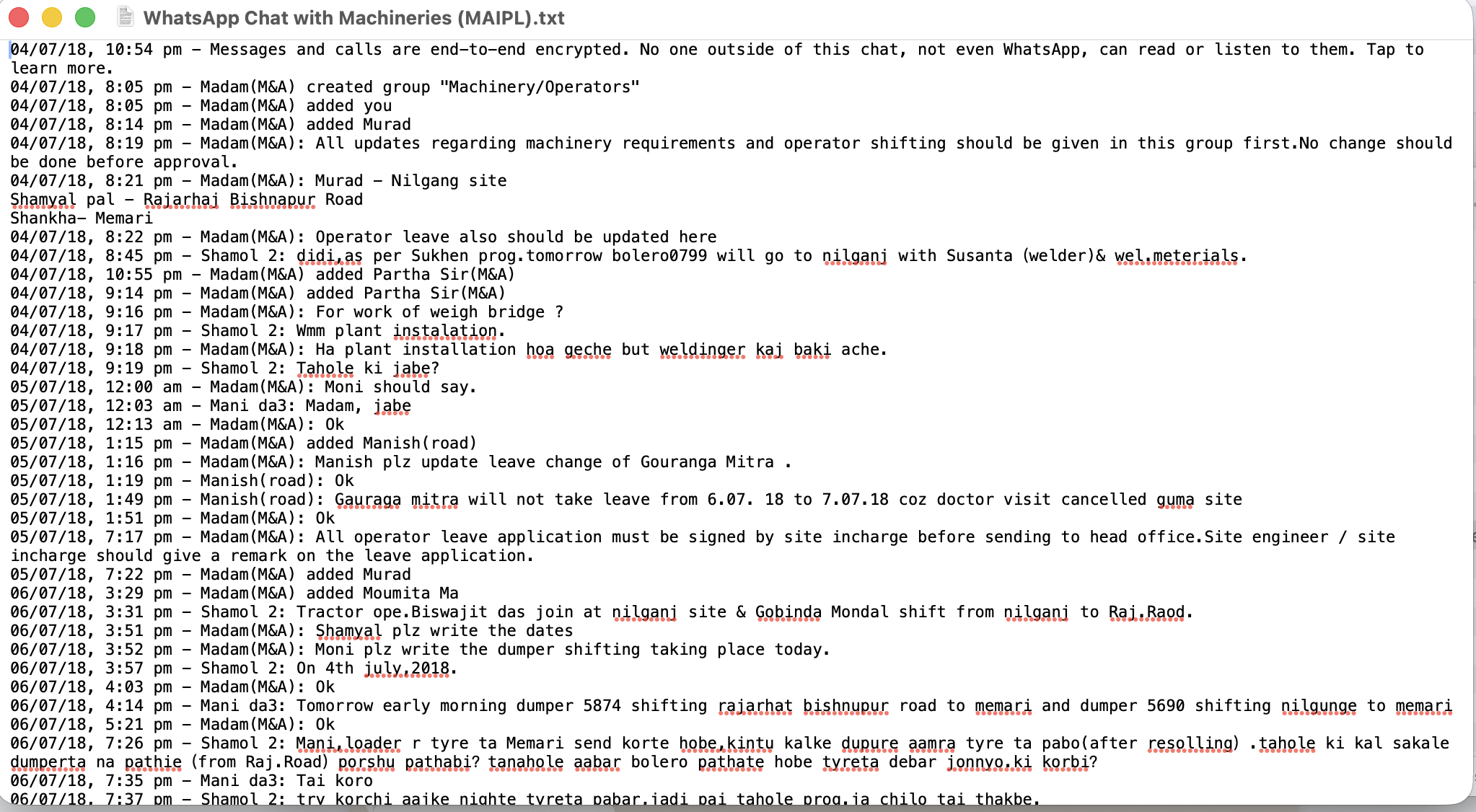 Raw WhatsApp exported chat text file — messy and unformatted