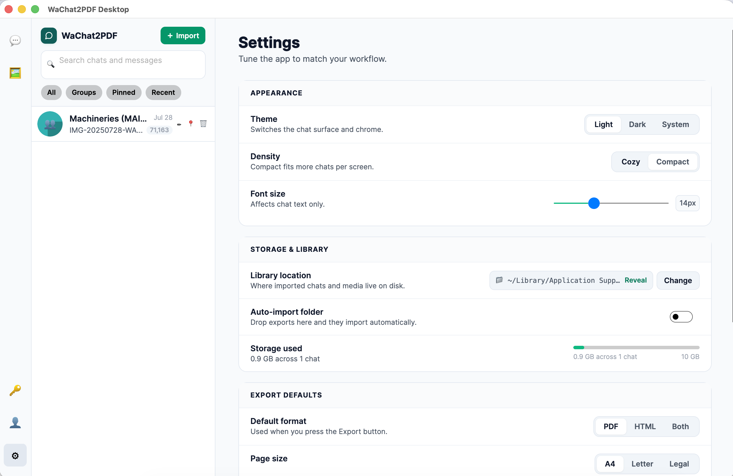 App settings panel