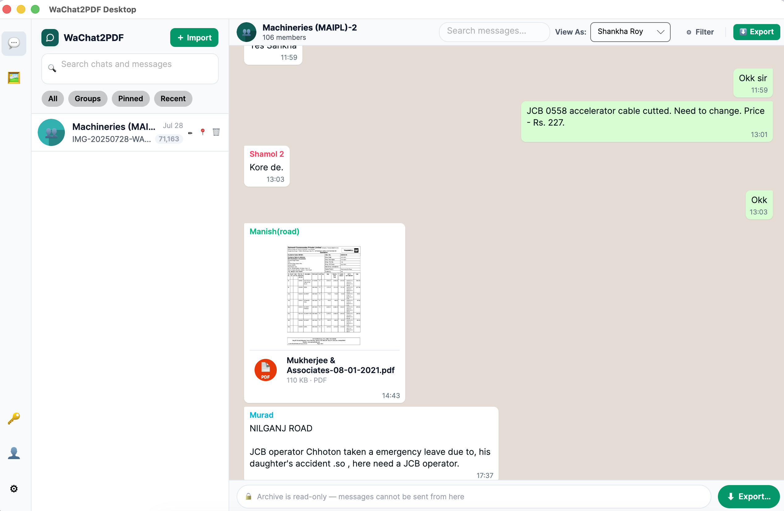 WaChat2PDF chat viewer showing reconstructed WhatsApp conversation