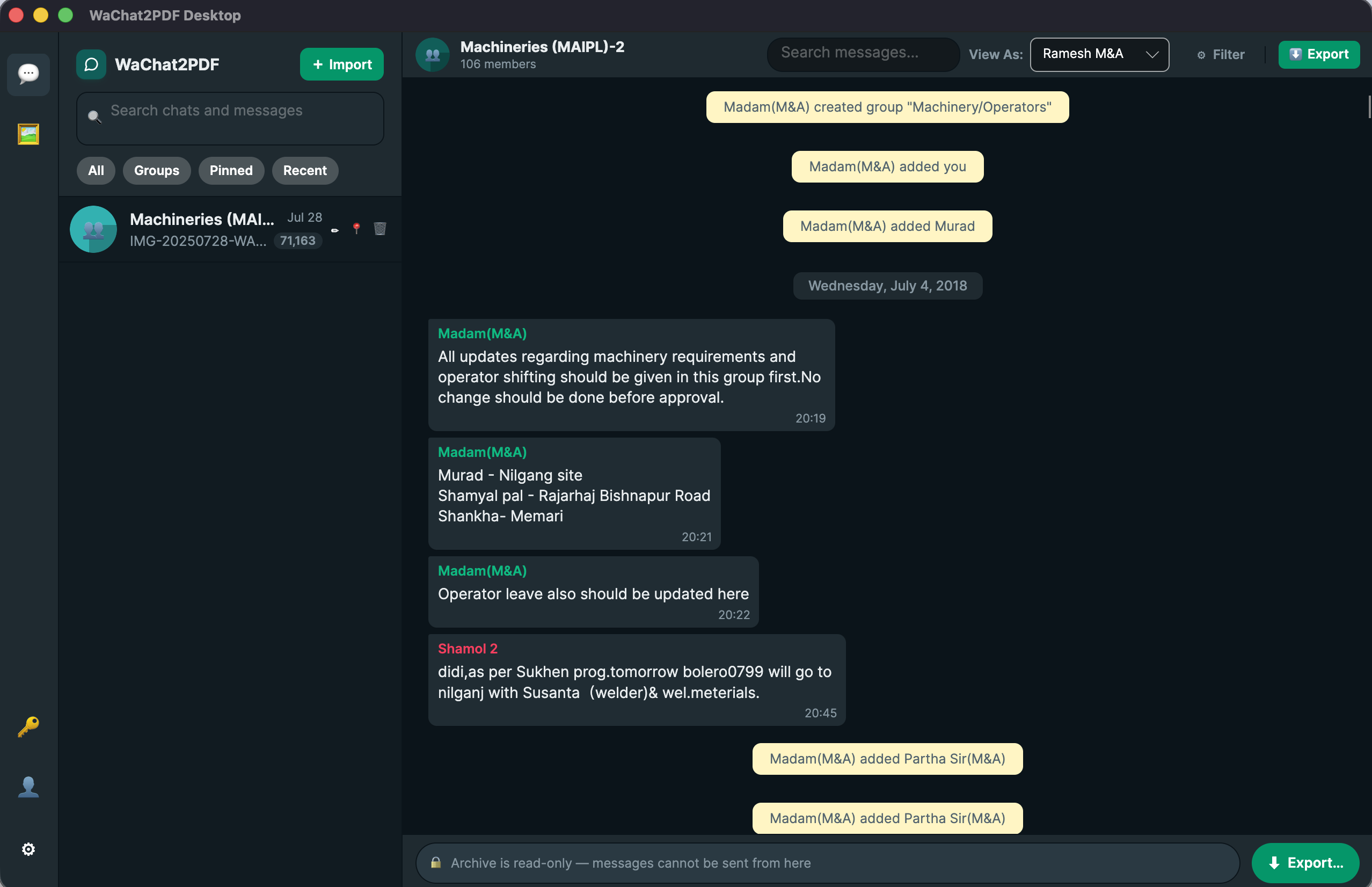 WaChat2PDF desktop app dark mode