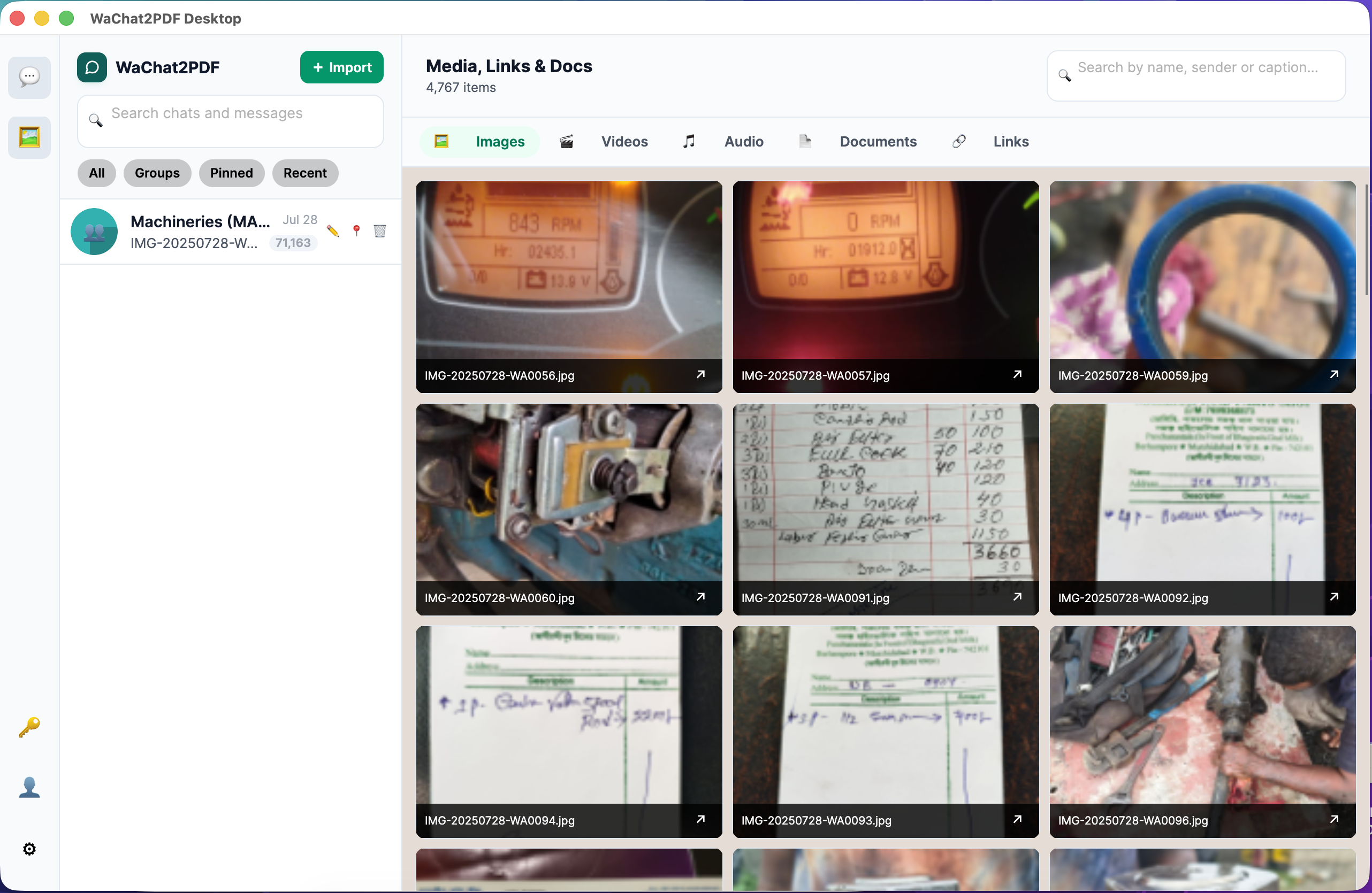 WaChat2PDF media gallery showing aligned photos from WhatsApp ZIP export